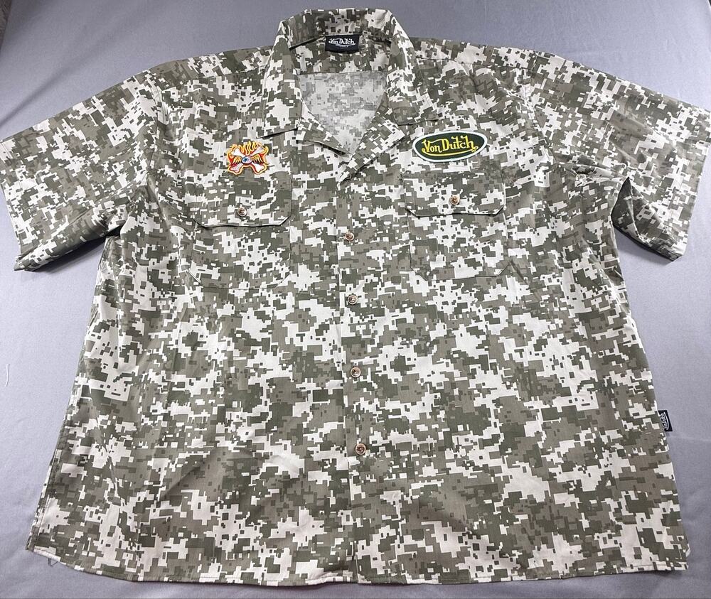 Von Dutch Men’s Green Khaki Digital Camo Button Up Mechanic Work Shirt Size 2XL